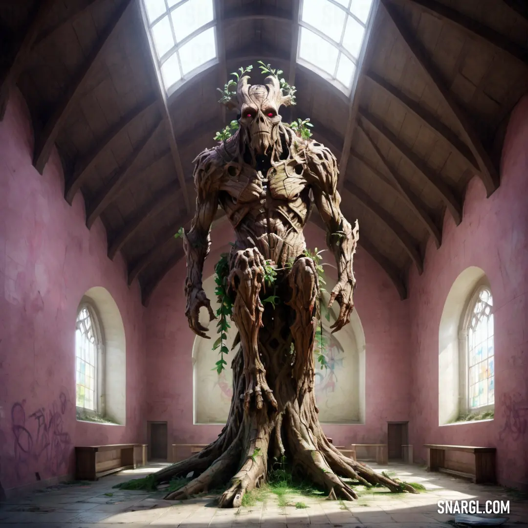Giant tree with a weird looking face and arms in a building with a vaulted ceiling and windows on the side