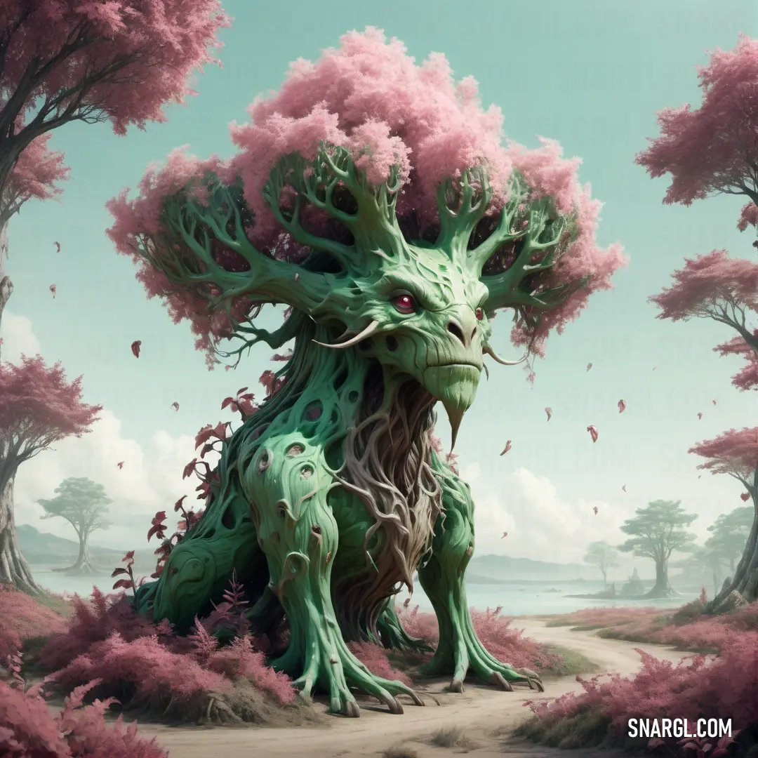 Green Treant with a tree on its back in a forest with pink flowers and trees around it