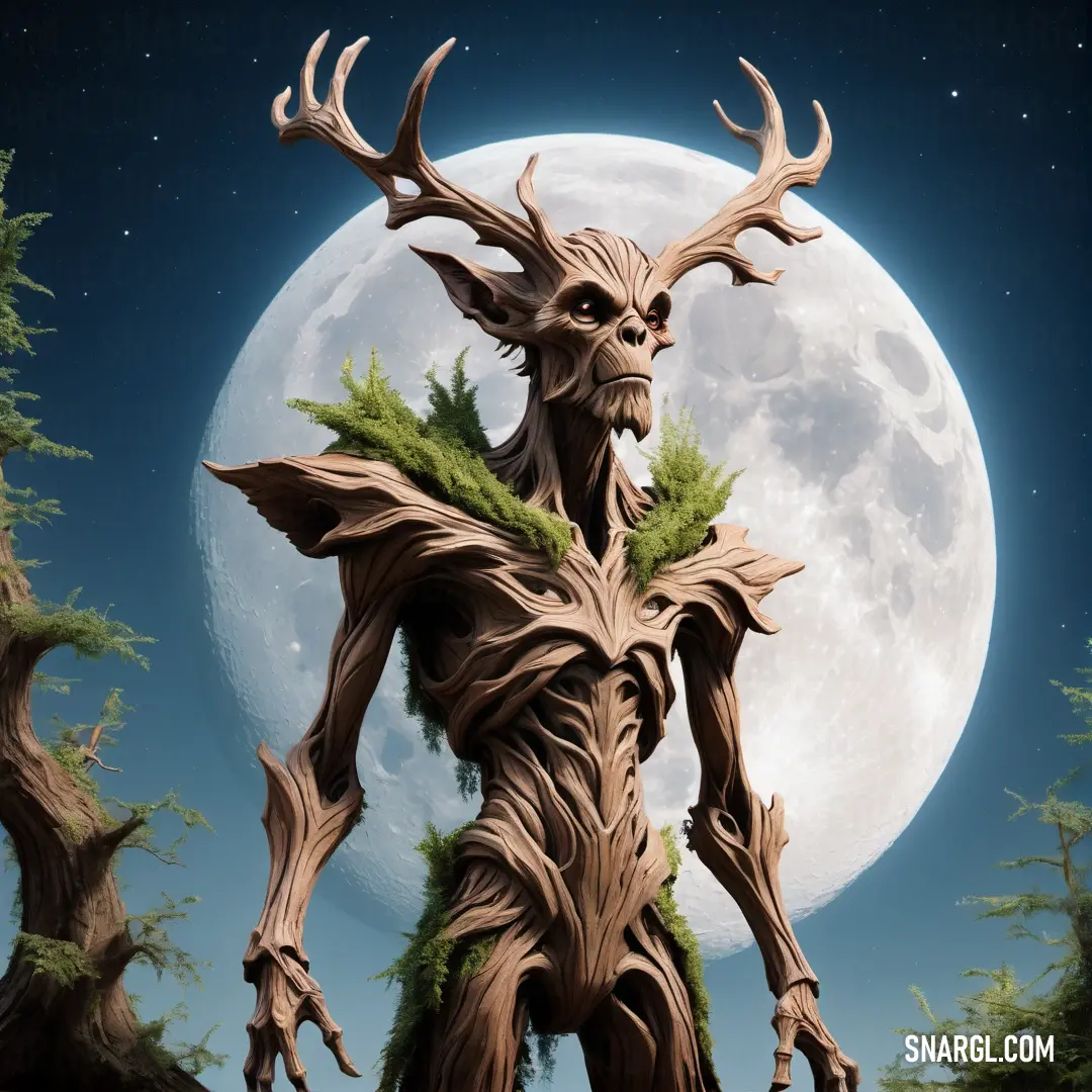 Large statue of a Treant standing in front of a full moon with trees and bushes around it