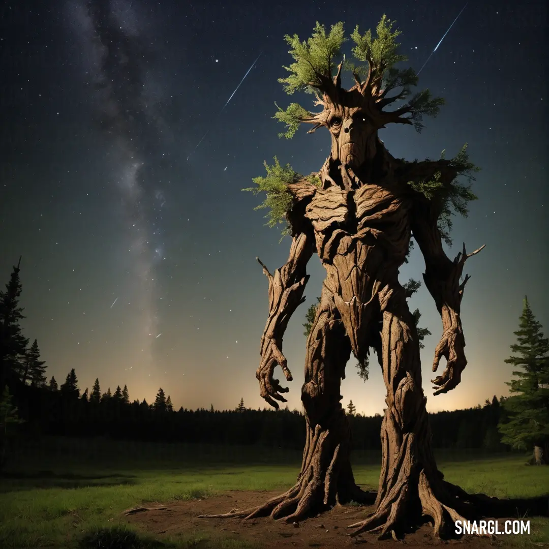 Large tree with a male Treant like body and a star filled sky in the background