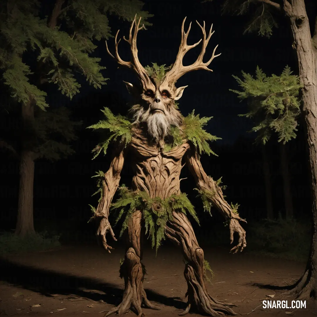 Treant with a beard and a beard standing in the woods with trees around him and a large tree trunk