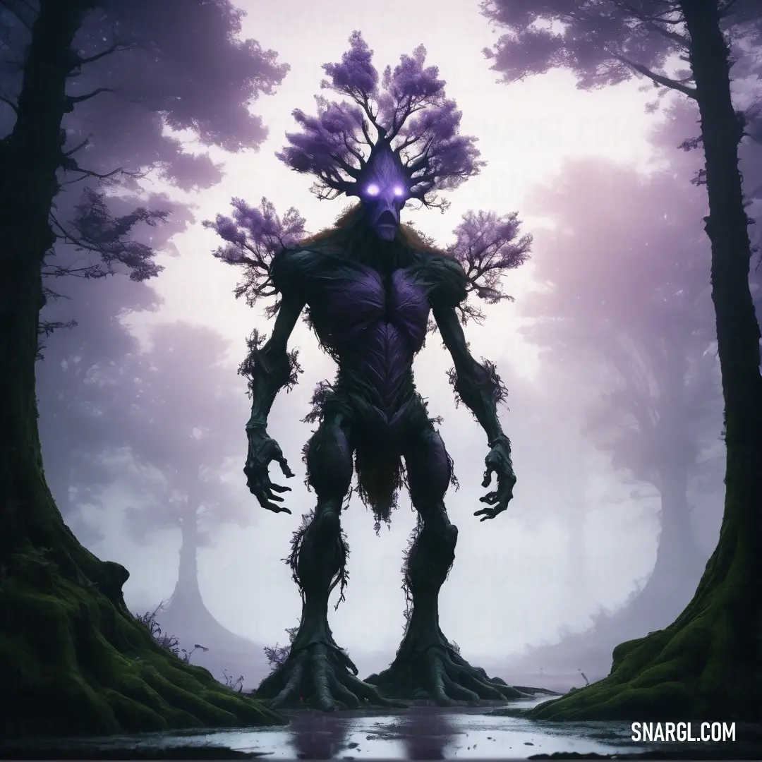 Treant with a strange face standing in a forest with trees and bushes in the background