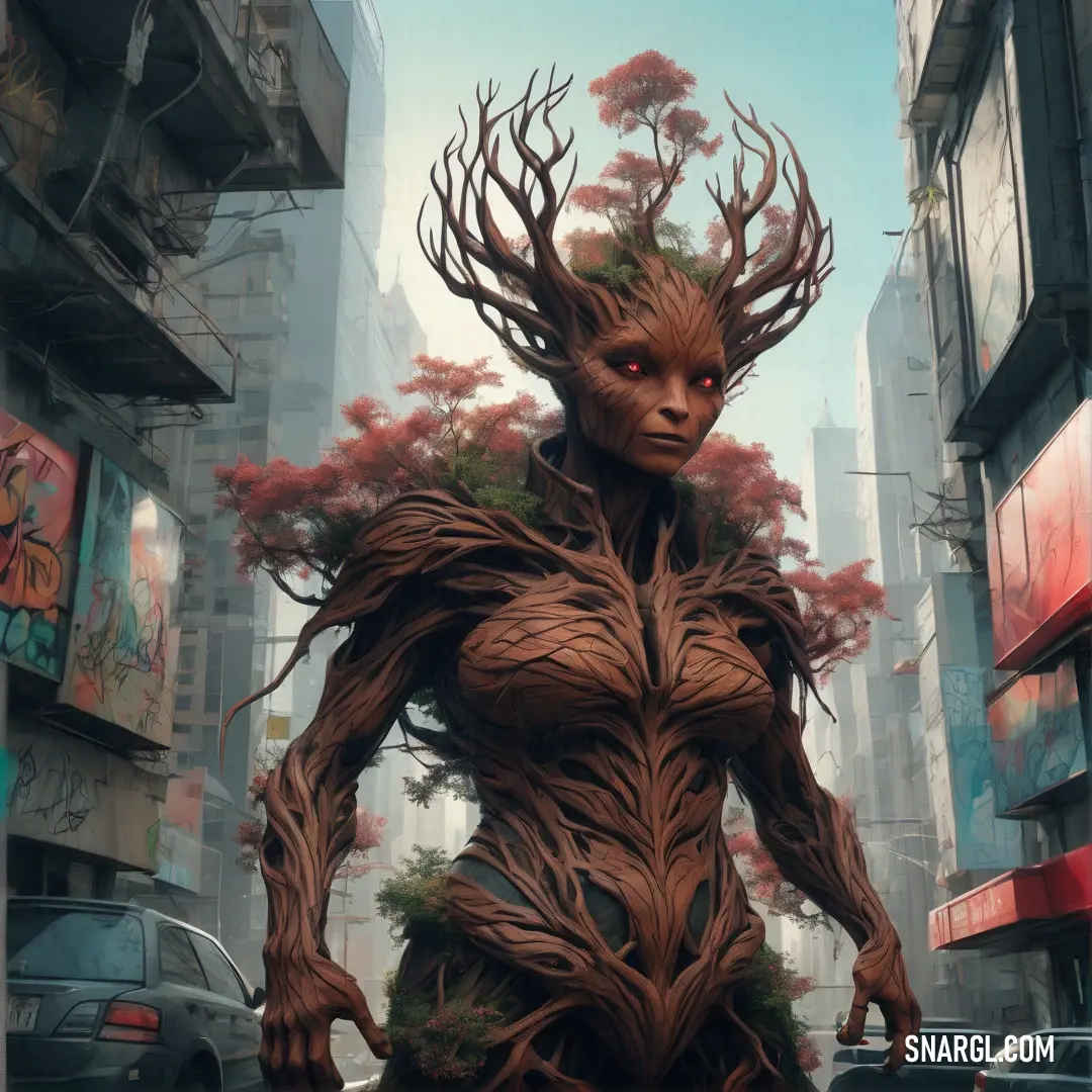Treant with a tree costume on in a city street with tall buildings and cars in the background