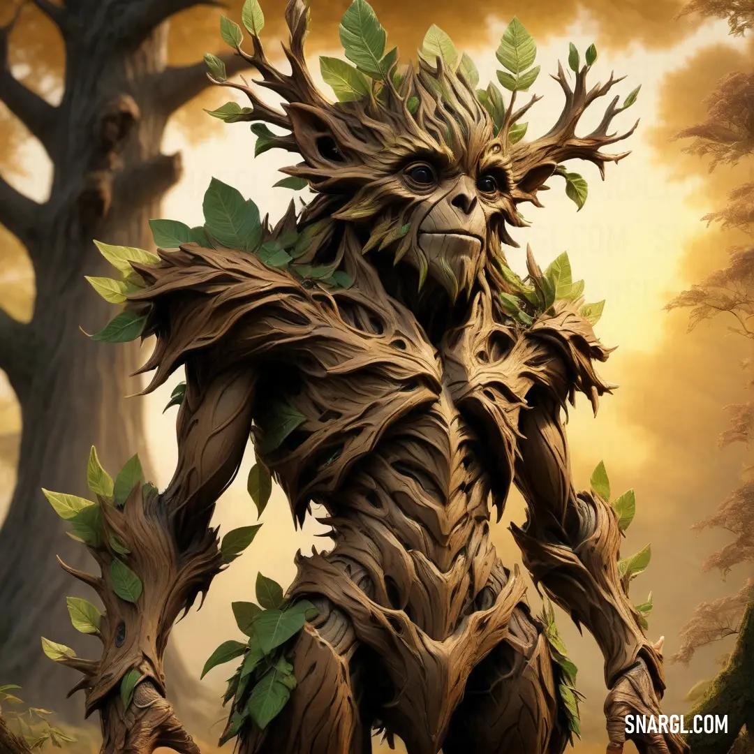 Painting of a Treant with leaves on its body and arms