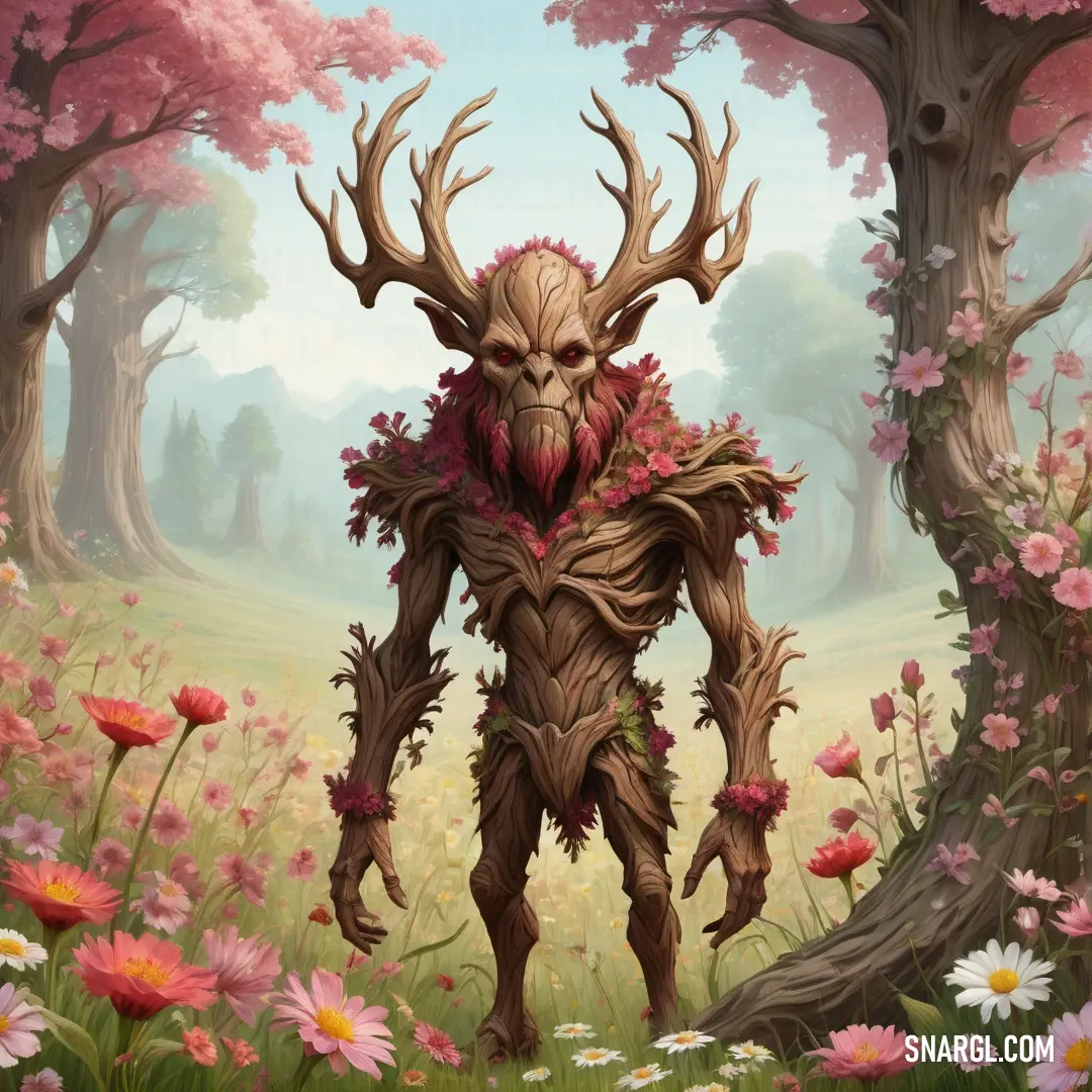 Painting of a horned Treant in a forest with flowers and trees in the background