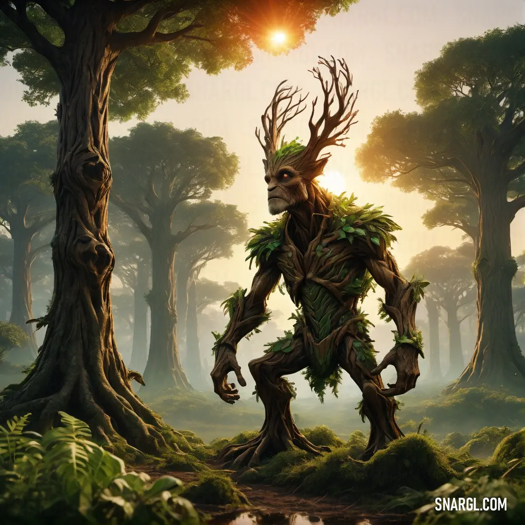 Painting of a male Treant with a tree face in the forest with trees and grass around him