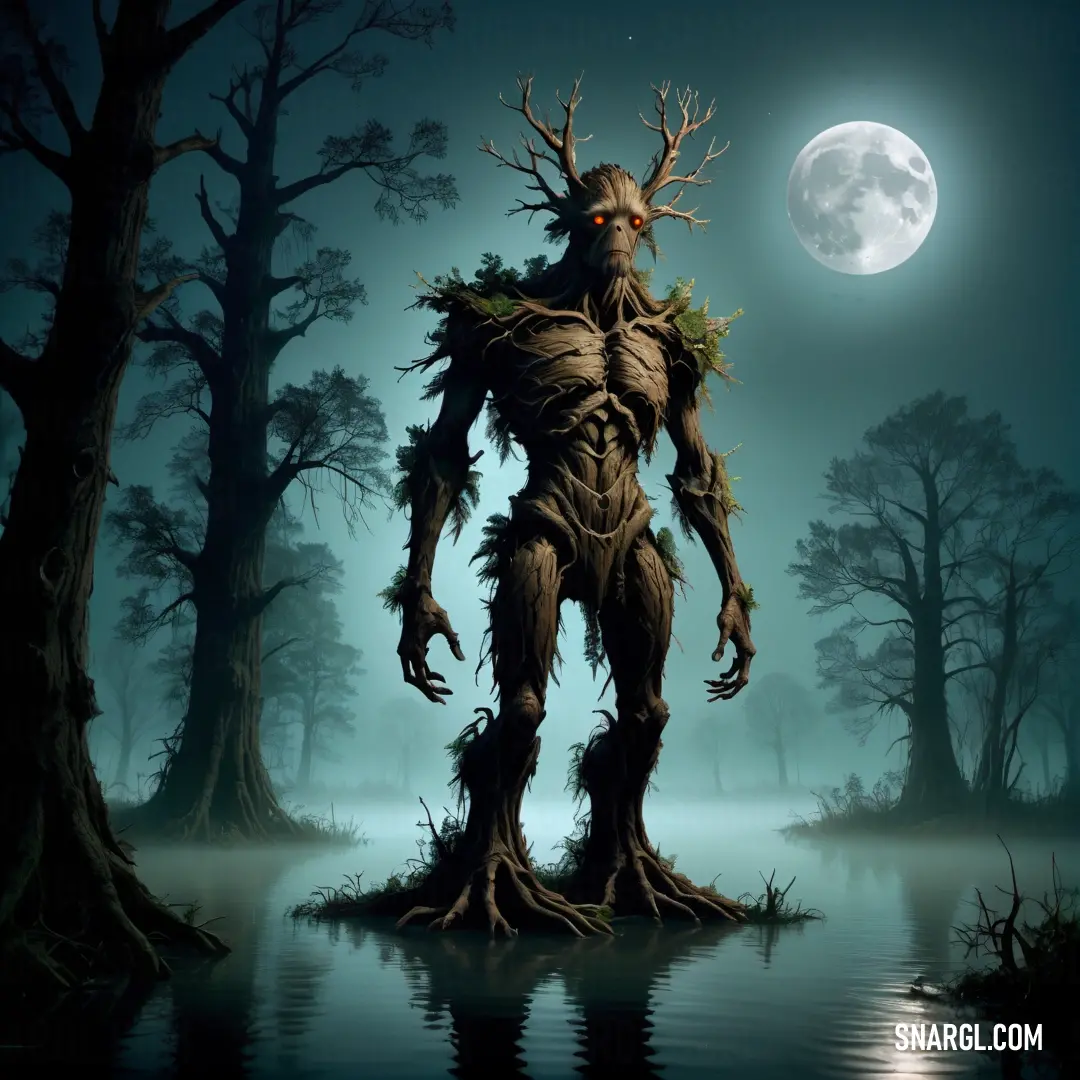 Painting of a swamp Treant standing in the water with a full moon in the background and trees in the foreground