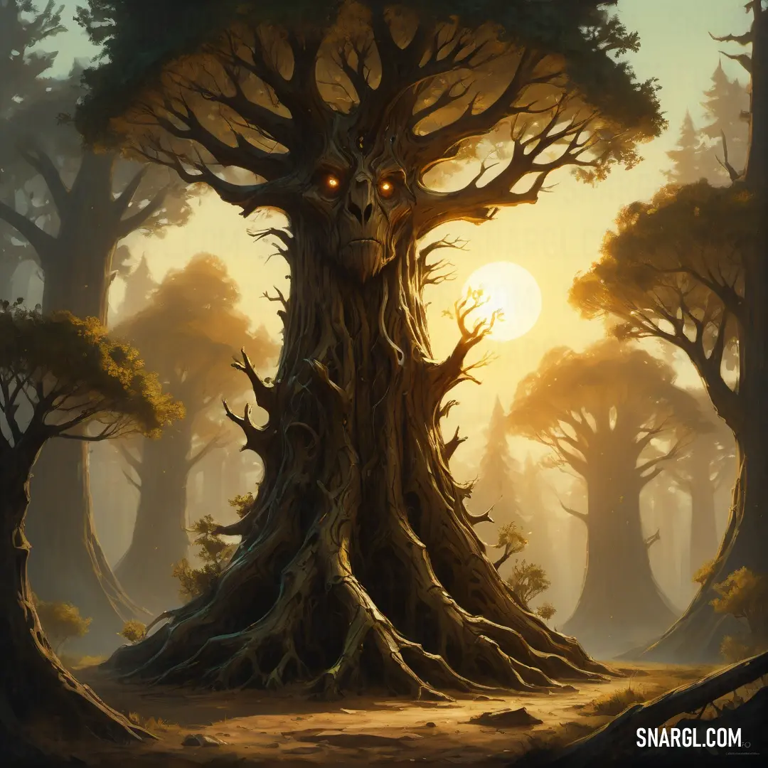 Painting of a tree with a glowing face in the middle of the forest at sunset or dawn with a sun shining through the trees