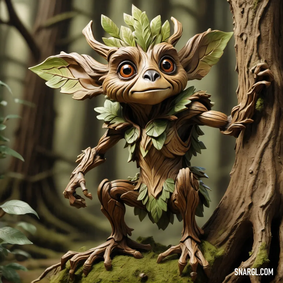Small statue of a Treant standing next to a tree in a forest with leaves on its body and eyes