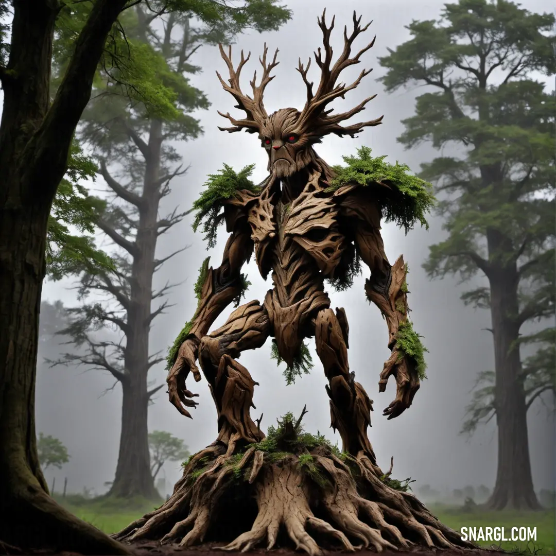 Statue of a male Treant made out of tree trunks in a forest with fog in the background and trees