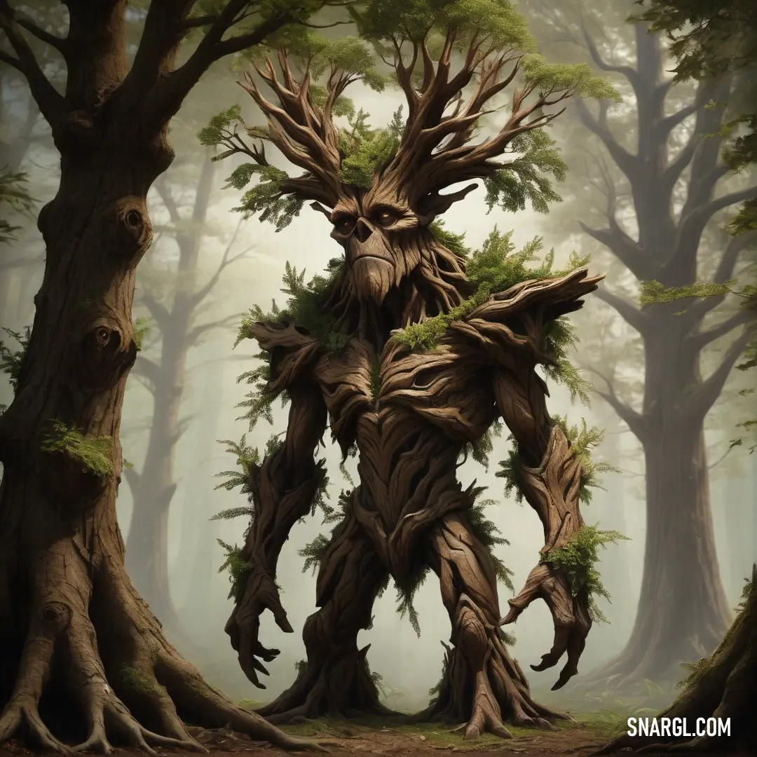 Tree male Treant in a forest with many trees around it and a forest floor