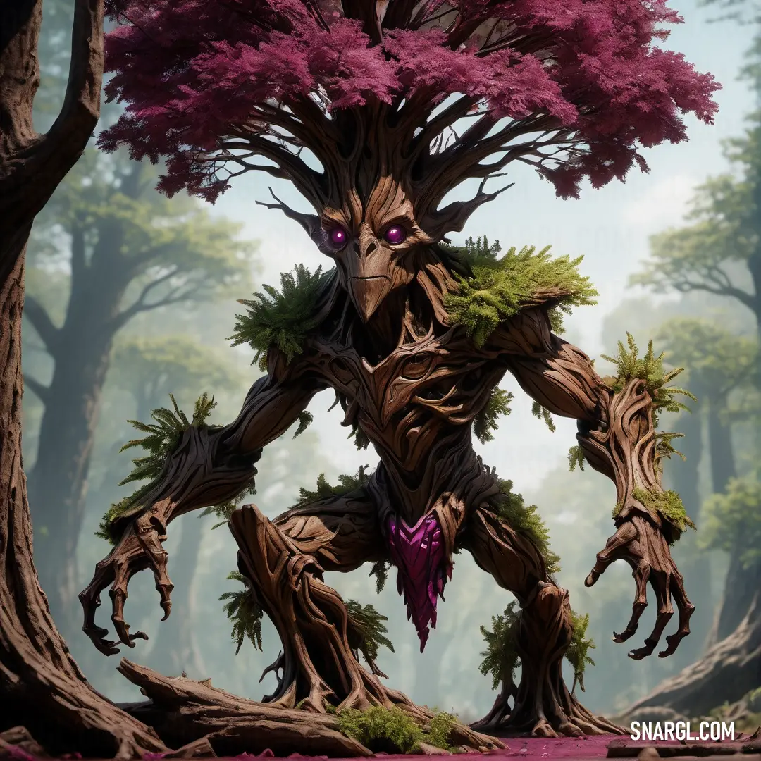 Tree male Treant with a purple face and a purple bow around his neck and hands on his chest