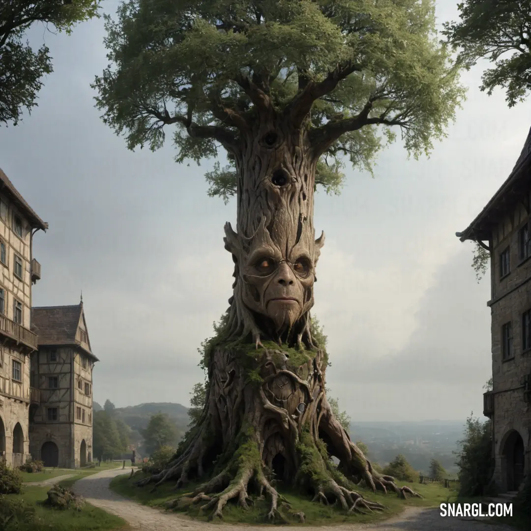 Tree with a face on it in a village with a road and buildings in the background