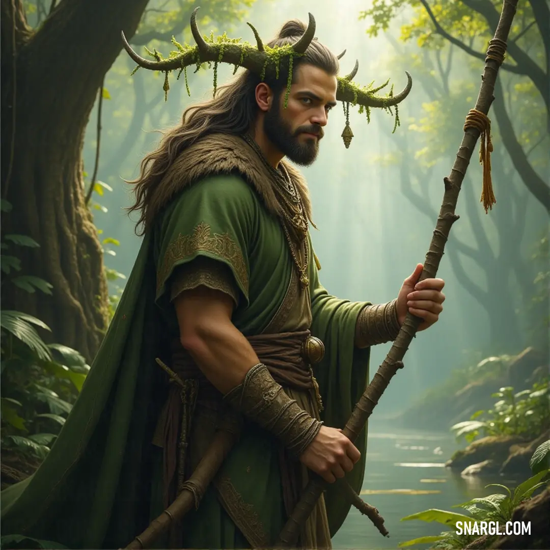 The Tree Enchanter, adorned in a green outfit, stands in a forest where nature flourishes. His stick channels the magic of the woods, and his head is crowned with trees and plants, symbolizing his deep bond with nature. Tree Enchanter stands amidst a forest, dressed in a vibrant green outfit. His stick holds an aura of enchantment, and his head is crowned with plants and trees, embodying the very essence of nature itself.