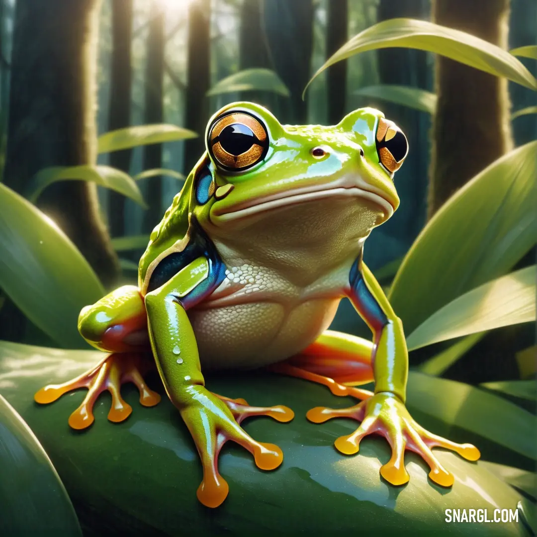 A frog perched on a leaf, bathed in sunlight filtering through the trees, creating a warm and peaceful scene in the forest, with rays of light highlighting the frog's features.