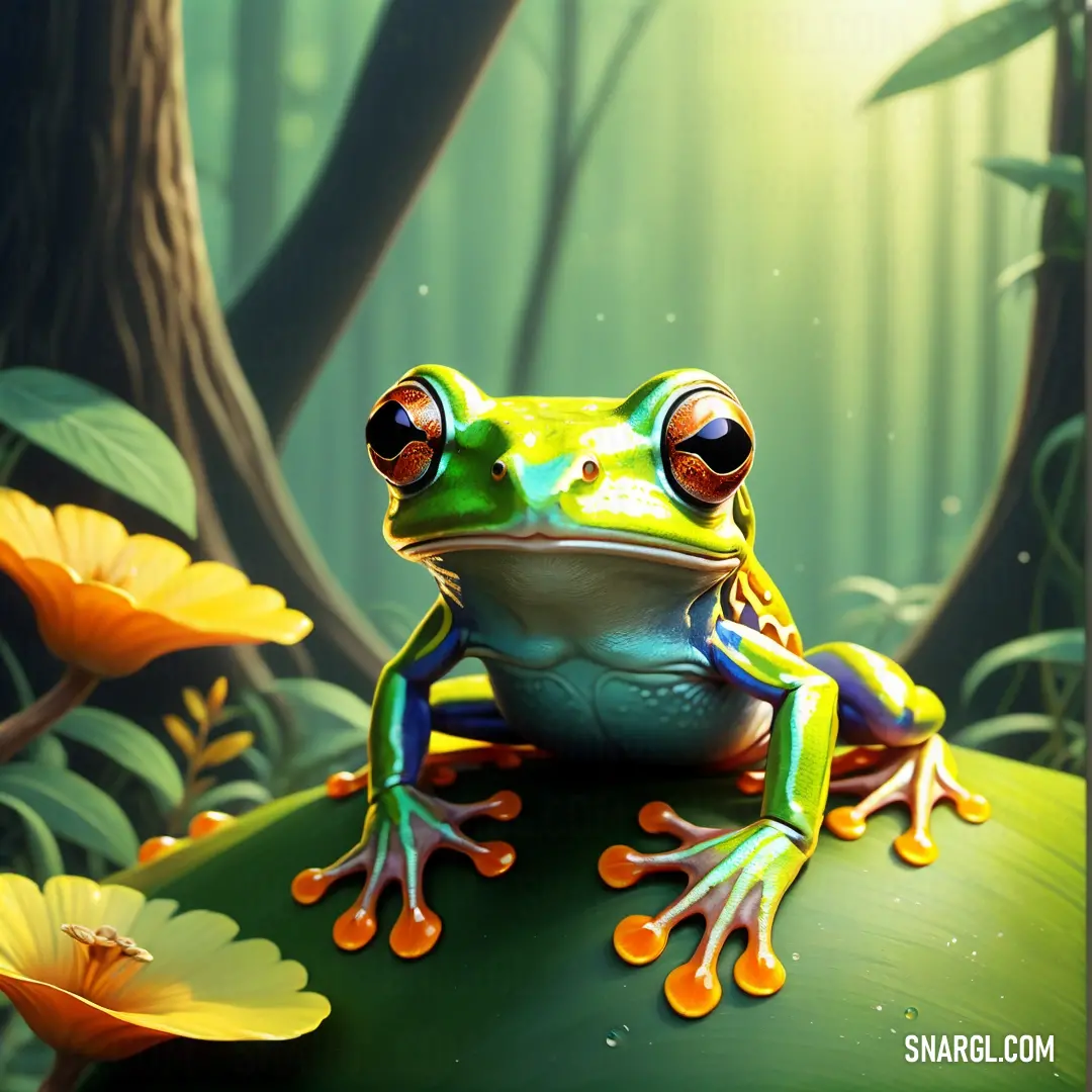 A frog sits gracefully on a leaf amidst a forest of greenery, with colorful flowers and plants framing the scene, creating a beautiful natural portrait in the wild.