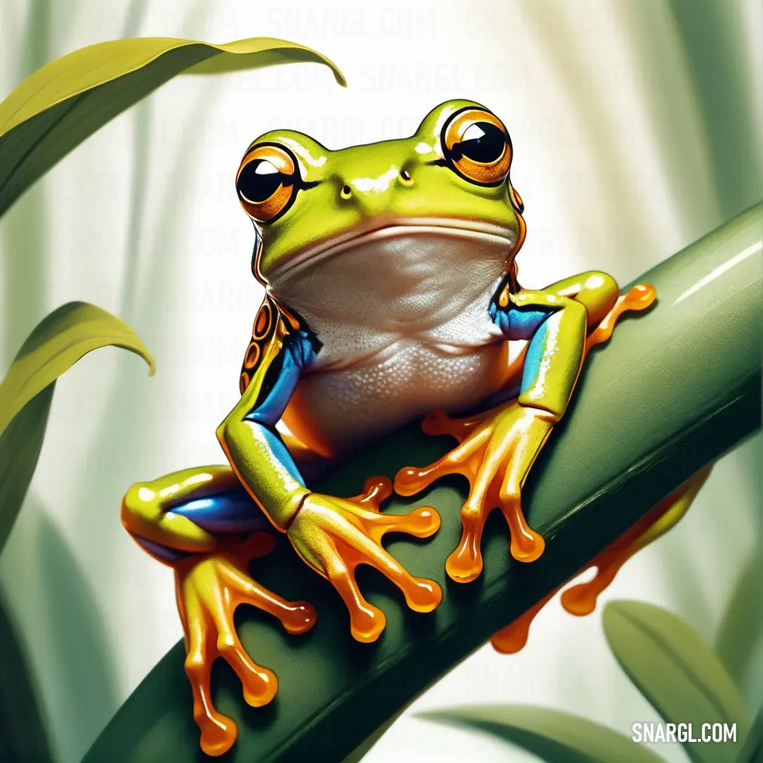 A frog rests on a solitary leaf, its bright green color standing out against a pure white background, creating a simple yet striking image of natural beauty.