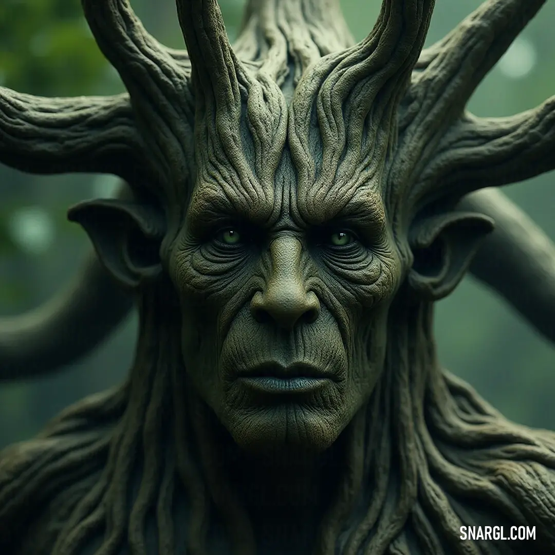 A fierce tree guardian with majestic horns stands watch in a lush forest, embodying the enduring spirit of nature. A close-up of a fierce tree guardian, adorned with majestic horns and piercing eyes, stands vigilantly with a lush forest as its backdrop, a symbol of strength and protection over its verdant domain.