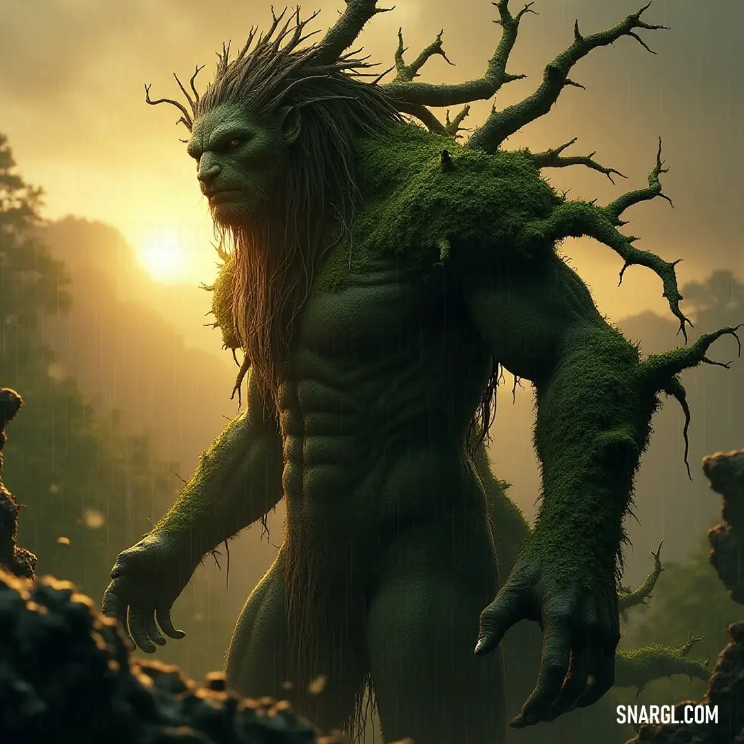 A formidable tree guardian stands proud in the rain, surrounded by ancient trees, symbolizing wisdom and resilience. A formidable tree guardian, draped in long, flowing hair and a thick beard, stands resolutely in the rain, surrounded by towering trees, embodying the essence of wisdom and courage in the tempest of nature.