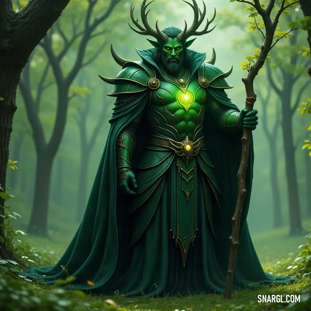 A powerful Tree Guardian, draped in green robes and holding a staff, stands amidst the forest. The surrounding trees and grass create a captivating natural scene, emphasizing the guardian's connection to the land. A Tree Guardian in a flowing green costume, standing tall with a staff in hand, surrounded by dense forest. Tall trees and lush grass create an awe-inspiring backdrop, giving the guardian an air of mystery and authority.