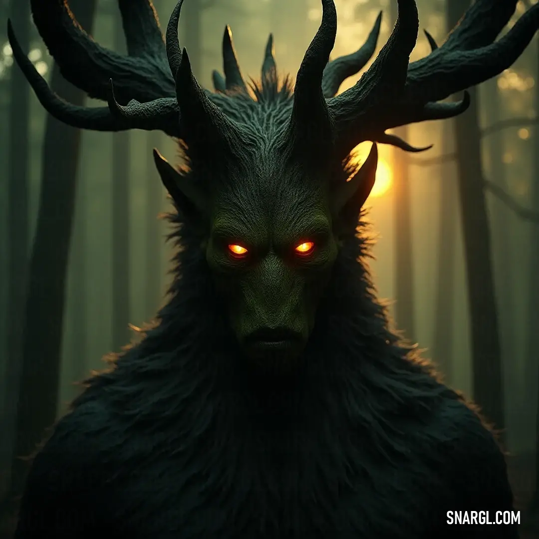 The dignified Tree Lord, adorned with glowing eyes and majestic horns, presides over a serene nighttime forest, with sunlight filtering through the tall trees, casting a magical glow around its ancient form.