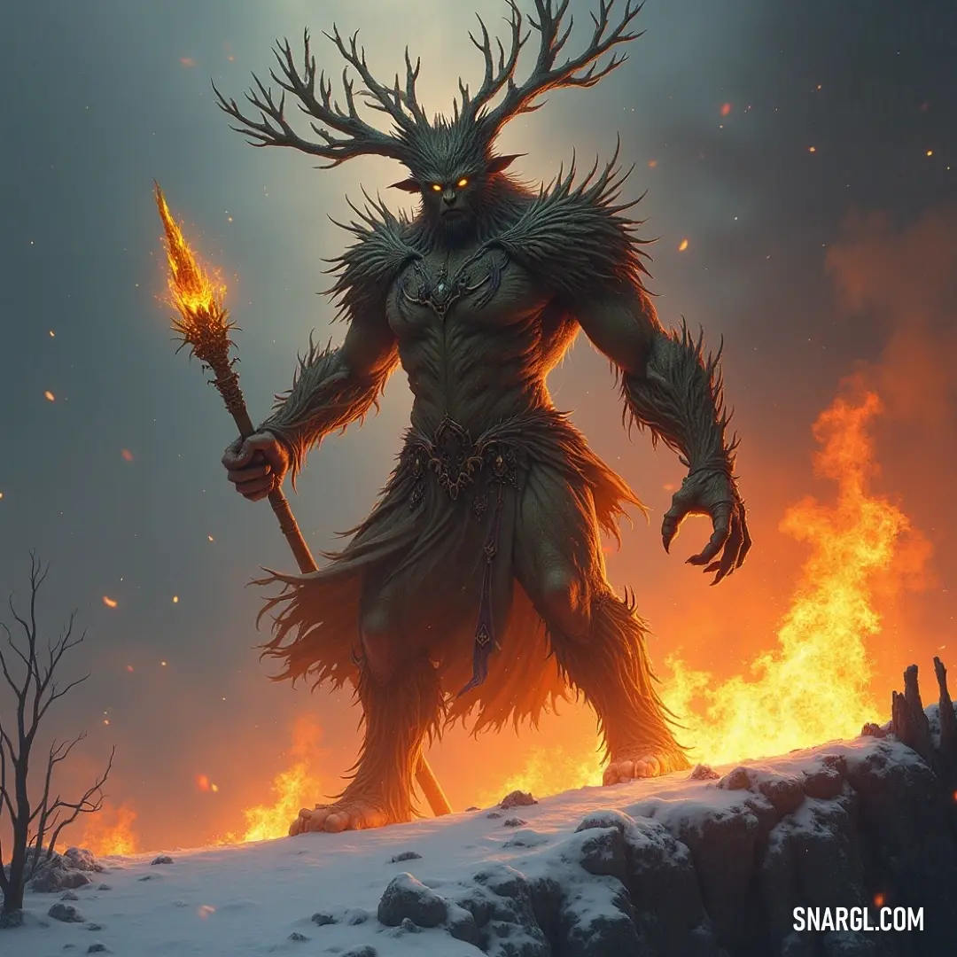 A Tree Lord with a staff in hand, standing in a wintry world with flames blazing in the background, a warrior of both fire and ice. The Tree Lord wields a staff and stands boldly in a frozen landscape, surrounded by swirling flames that contrast with the cold snow beneath his feet. The scene is full of dynamic energy.