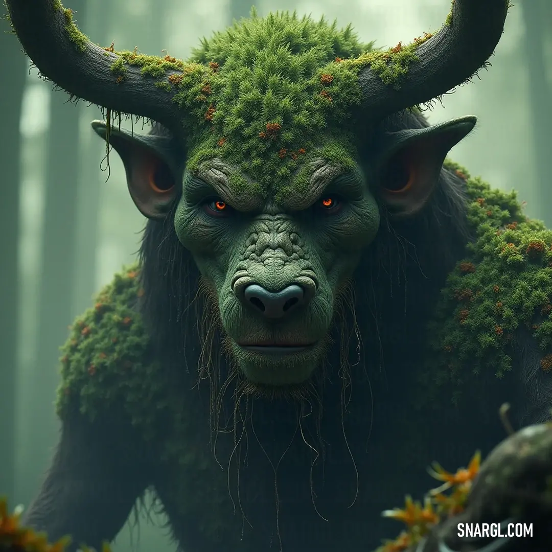 The Green Horned Tree Lord looms majestically in a lush forest, his vibrant appearance harmonizing power with the tranquility of the surrounding greenery. In the heart of a lush forest, a striking Green Horned Tree Lord with piercing red eyes stands sentinel amidst the vibrant moss and ancient trees, embodying the spirit of nature and its guardianship.