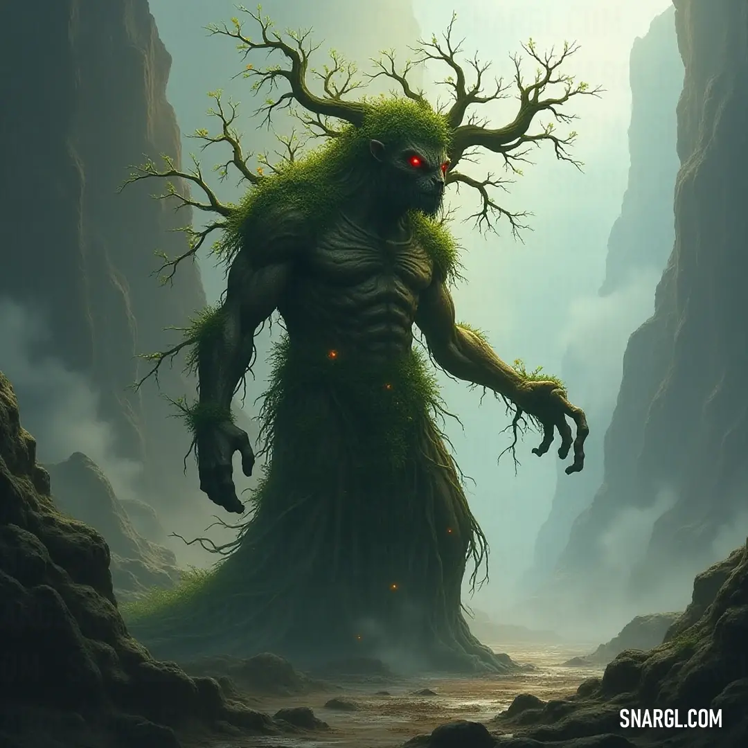 Behold the Tree Sage, its striking red eye and noble visage commanding attention, as it stands in an ethereal cave, guarding an enchanting pool of shimmering water. Nestled within a dark cave, a Tree Sage with a piercing red eye stands sentinel, crowned by a leafy tree atop its head. Crystal-clear water reflects its ancient wisdom, creating an atmosphere of enchantment.