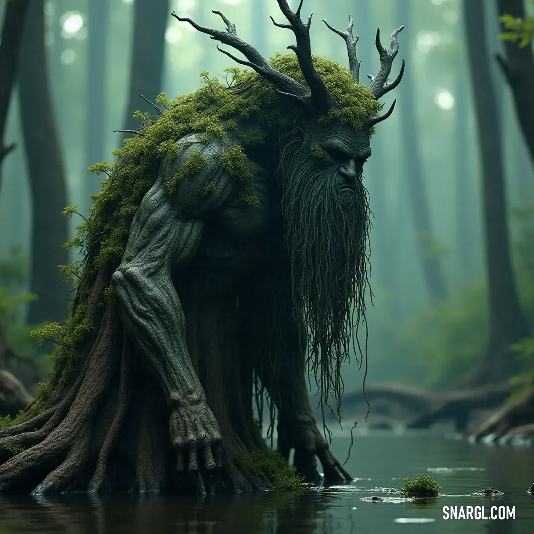 A majestic Swamp Tree Sage with a flowing beard and magnificent horns, manifesting strength in the verdant swamp, where trees and water merge into a breathtaking tableau. An awe-inspiring Swamp Tree Sage, adorned with a long beard and grand horns, stands majestically in a lush, swampy landscape, where trees intermingle with water, showcasing the harmonious union of life and nature.