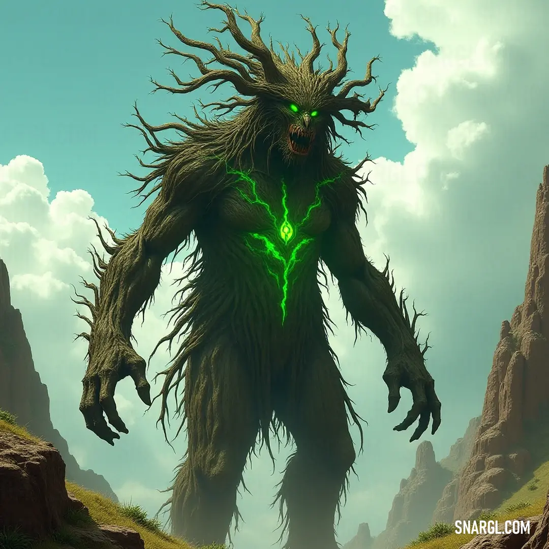 Mighty Giant Tree Warden blending with the forest's beauty A formidable Giant Tree Warden with deep green eyes towers amidst lush foliage, its massive body enveloped in a cascade of hair and claws that exude both strength and gentleness, harmonizing with the forest's essence.