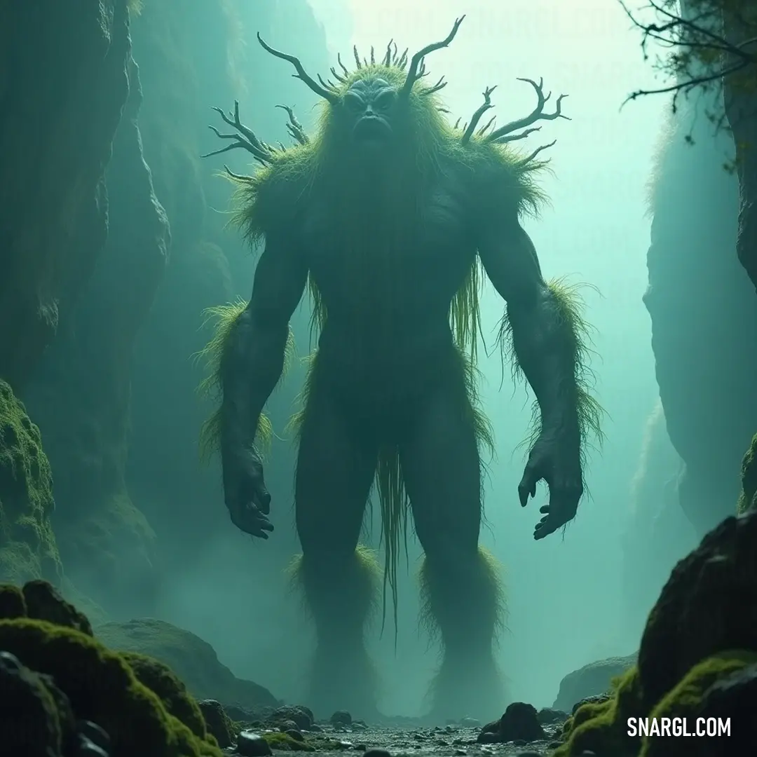 A striking Giant Treebeard with long hair and impressive horns traverses a forest, adorned with mossy rocks that accentuate the magical allure of its environment.