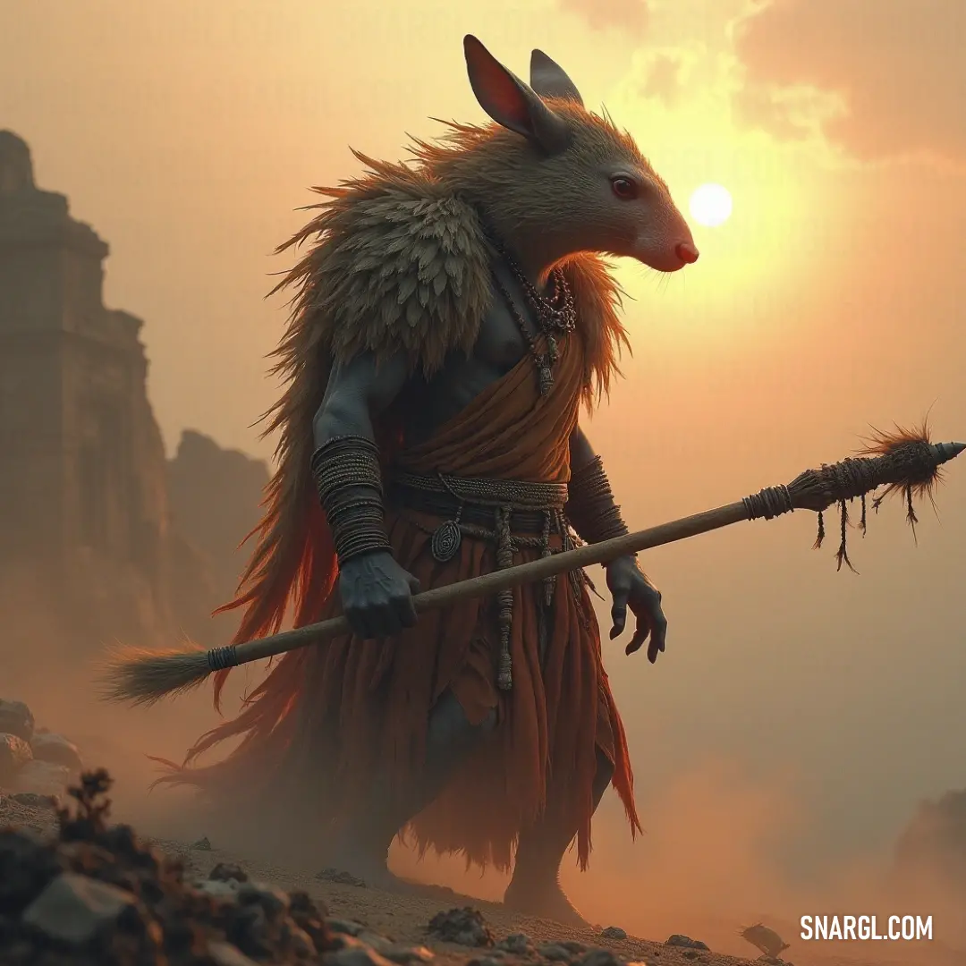 Treg stands resiliently in a sunlit desert, gripping a long stick against the backdrop of an expansive sky. A resilient Treg stands in a sun-kissed desert landscape, wielding a long stick, the golden rays of the sun casting a dramatic silhouette against his figure, framed by the vast expanse of sands stretching infinitely beneath a brilliant blue sky.