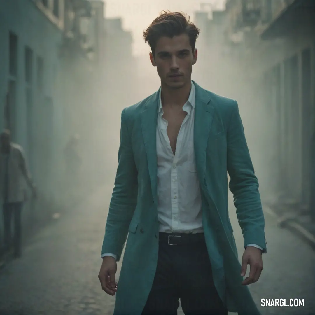 Man in a green coat is walking down a street in the foggy day with a white shirt and black pants