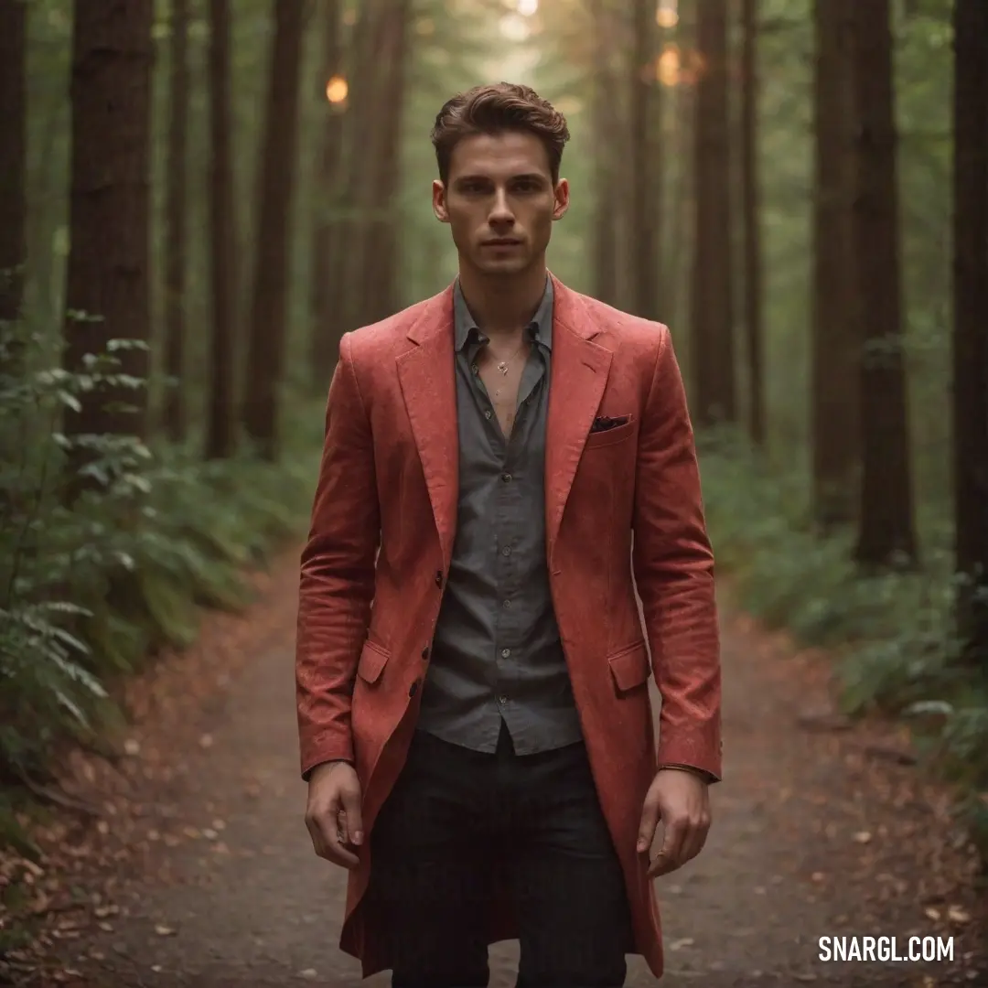 Man in a red coat standing in the middle of a forest with trees and lights in the background