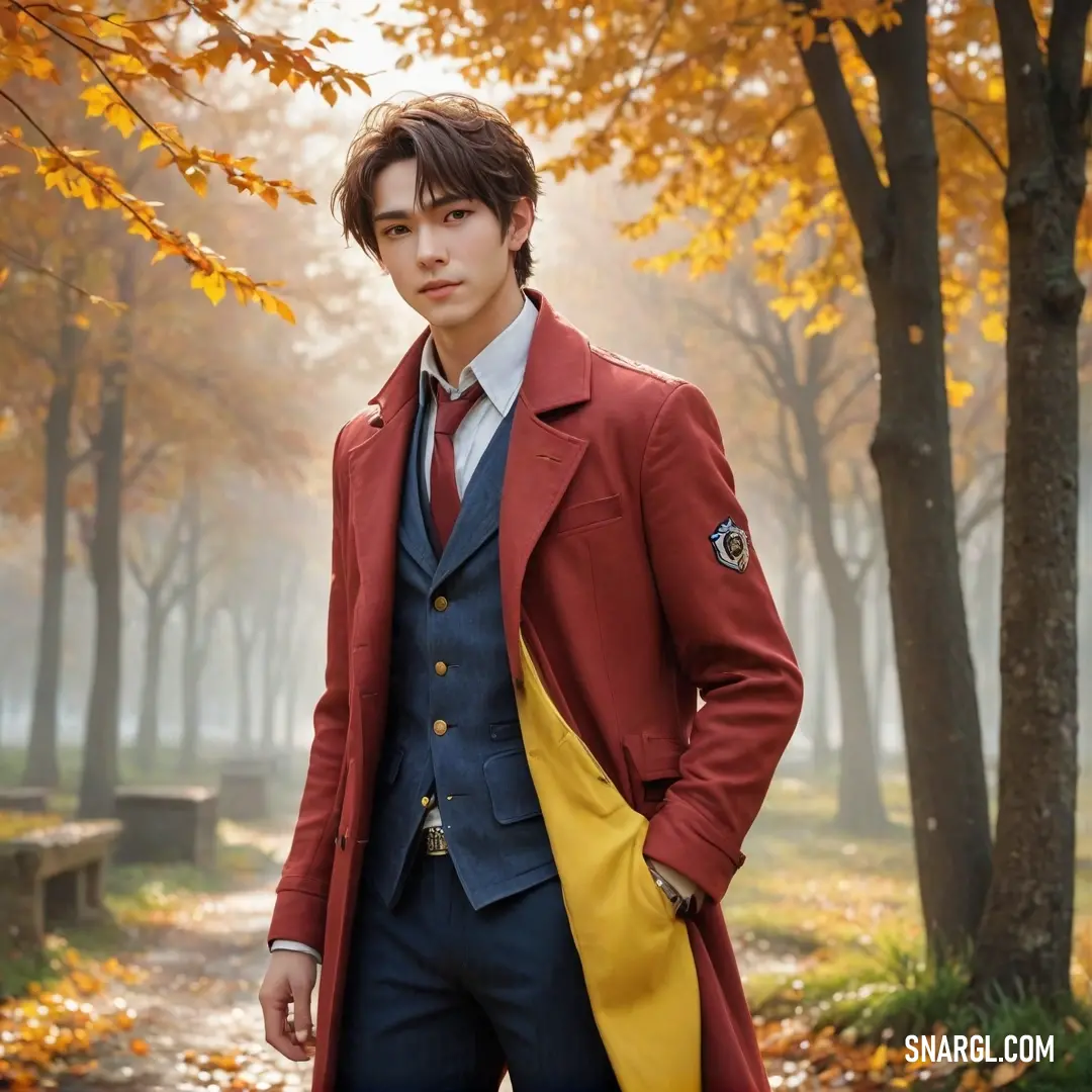 Man in a red coat and blue suit standing in a park with trees and leaves in the background