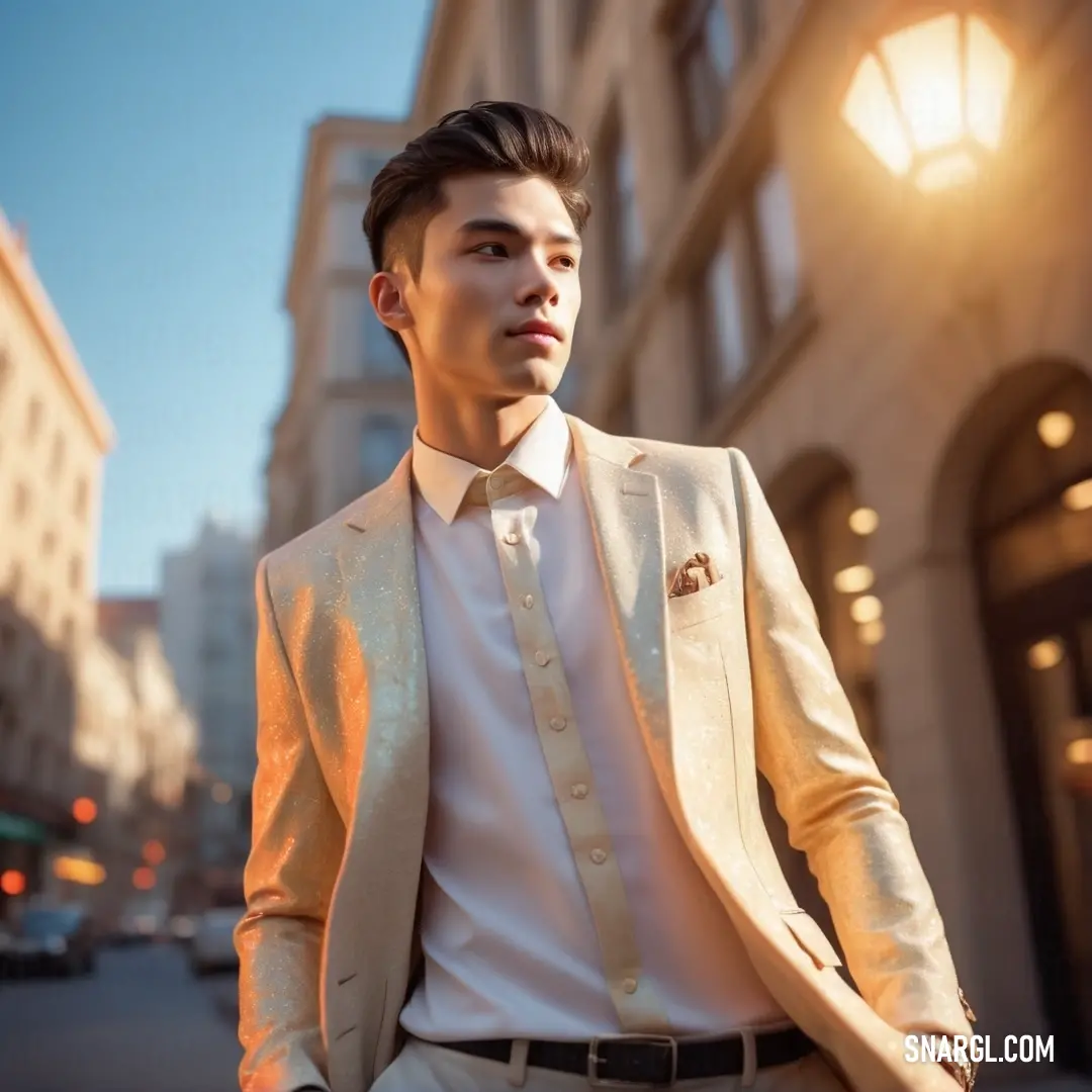 Man in a suit standing in front of a building with a light on his face and a street lamp in the background