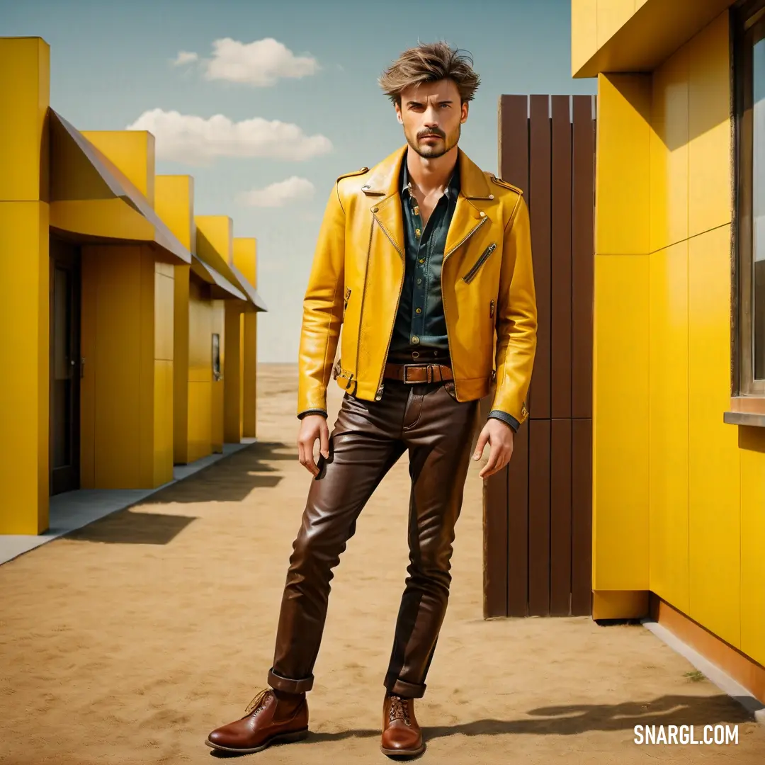 Man in a yellow jacket standing in front of a yellow building with a black shirt and brown pants