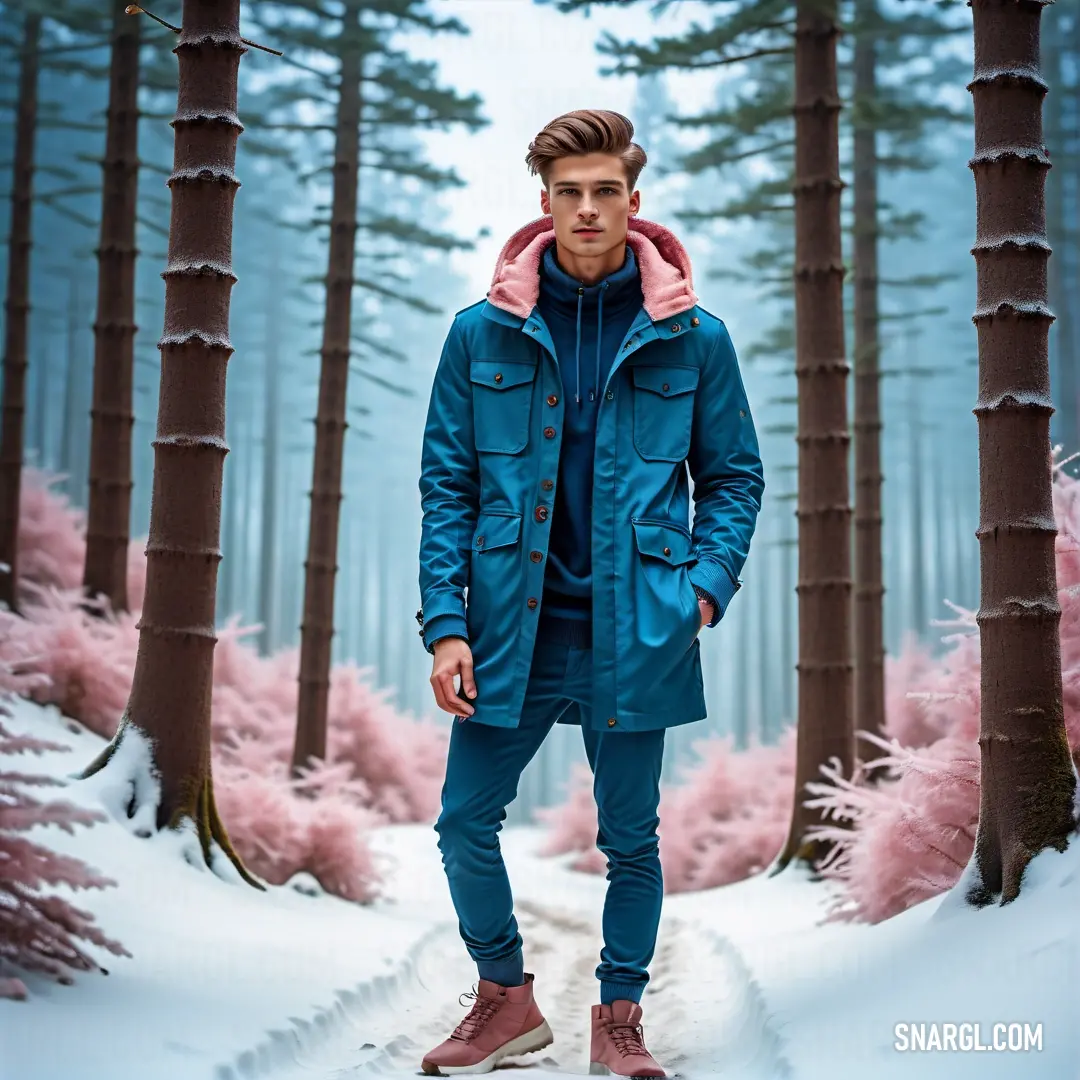 Man standing in the middle of a snowy forest with trees and bushes in the background