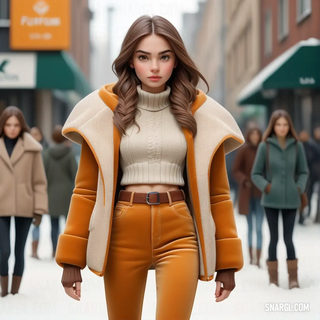 Woman in a brown coat and tan pants walking down a street with other people in the background and a green awning