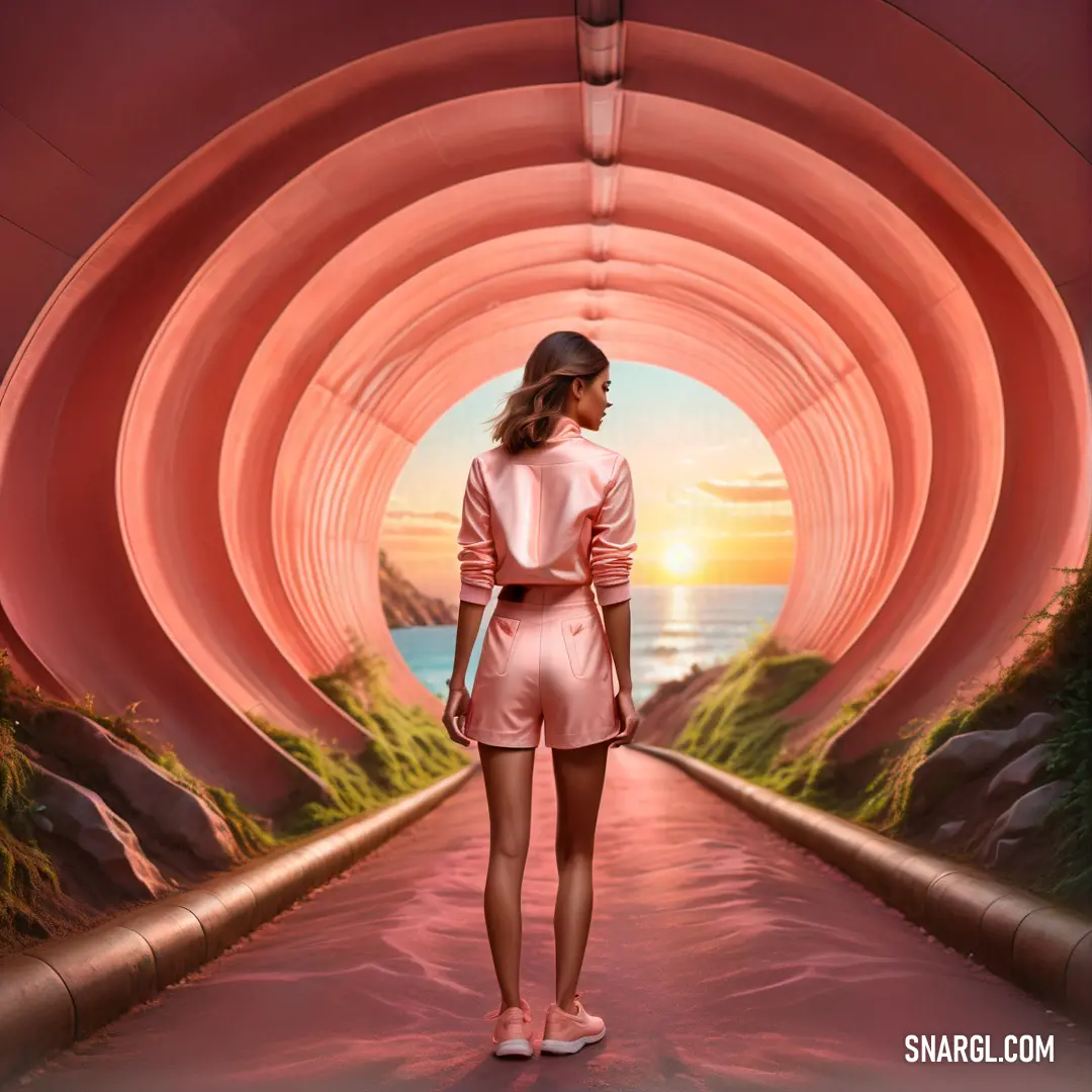 Woman in a pink dress is standing in a tunnel with a view of the ocean and the sun