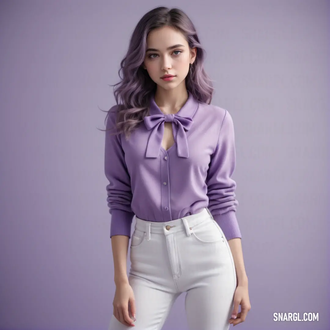 Woman in a purple shirt and white pants posing for a picture with her hands on her hips