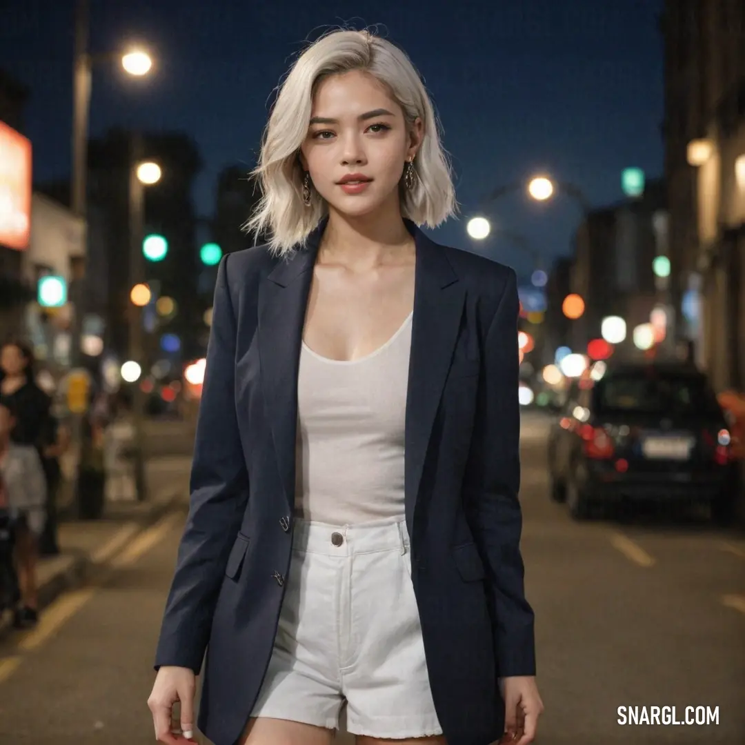 Woman in a short white shorts and a blazer is standing on a street corner at night with a car in the background