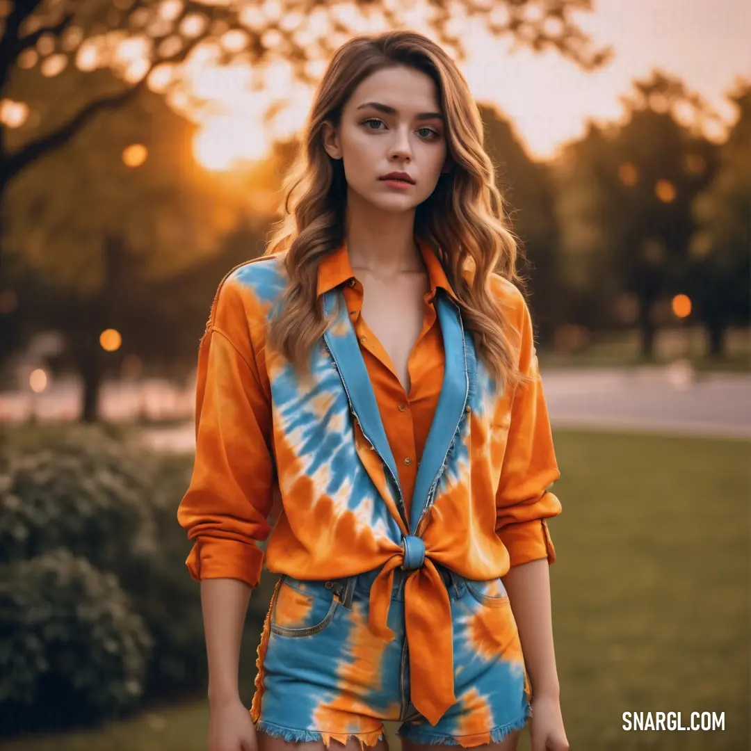 Woman in a tie dye shirt and shorts standing in a park at sunset with trees in the background