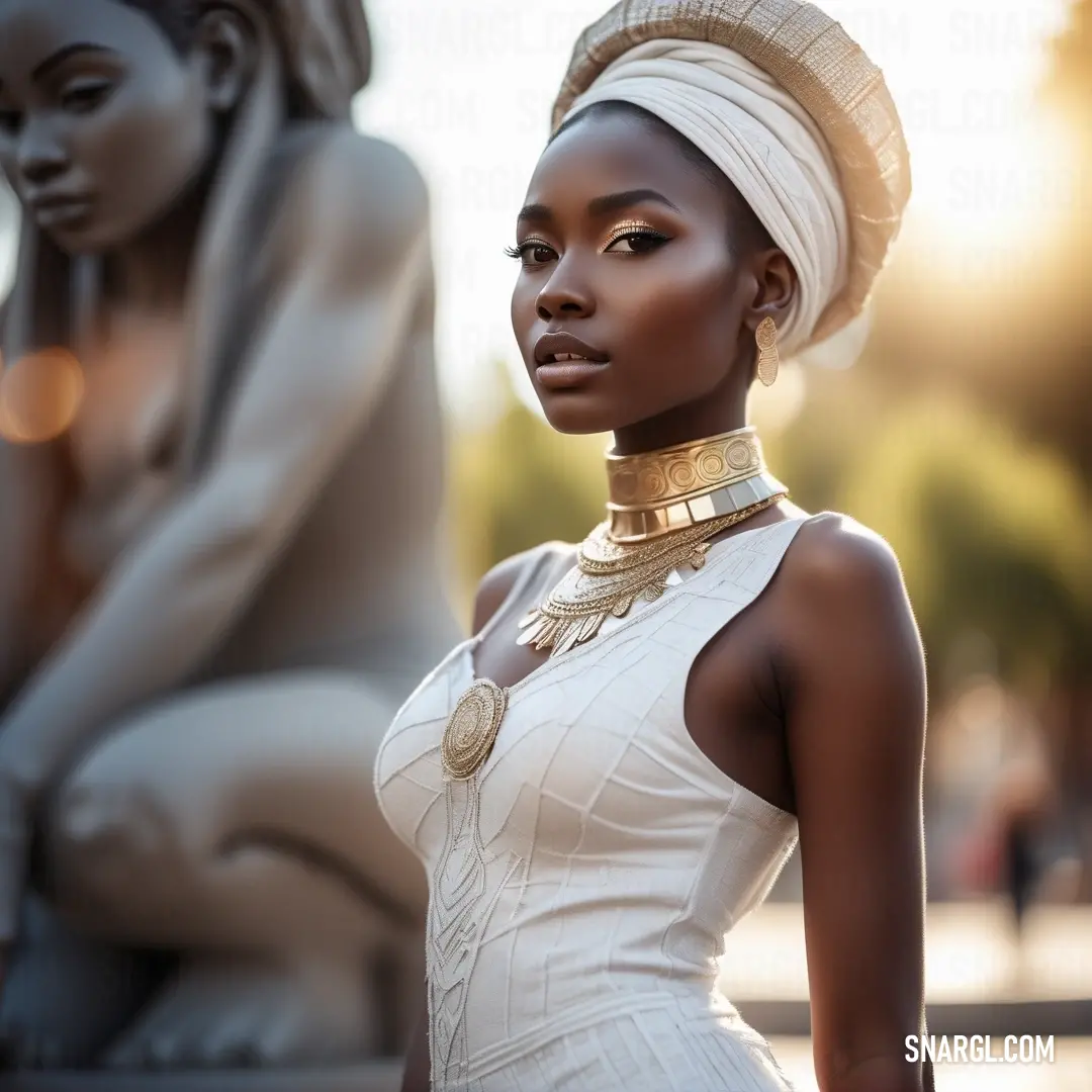 Woman in a white dress and a gold necklace and head wrap standing next to a statue of a woman