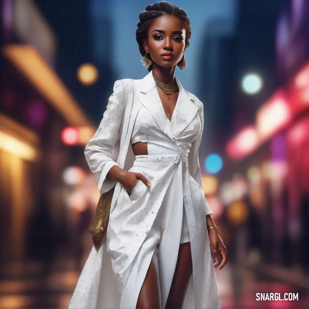 Woman in a white dress and coat posing for a picture in the street at night with a city background