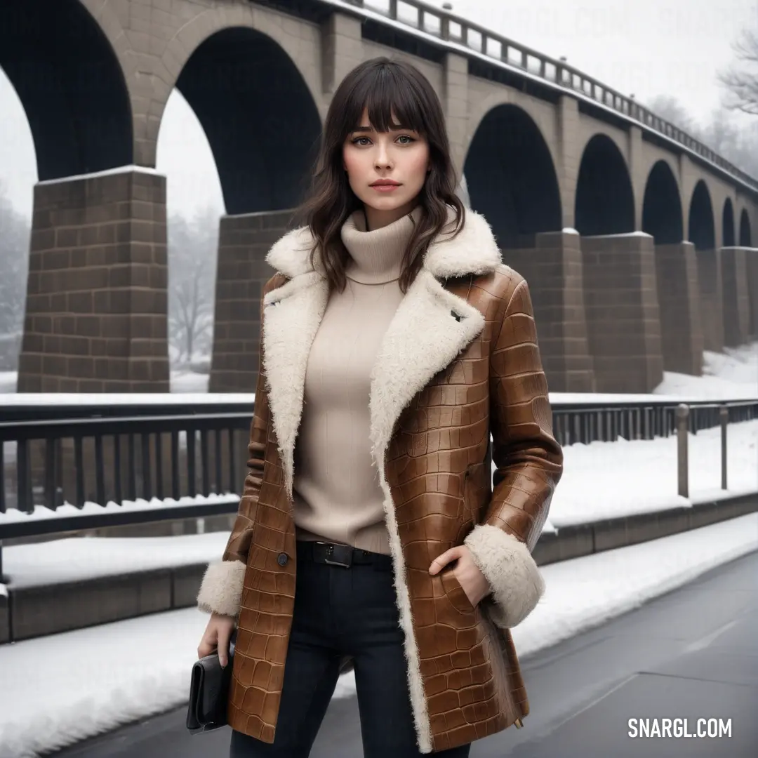 Woman standing on a street in a coat and boots with a bridge in the background in the snow