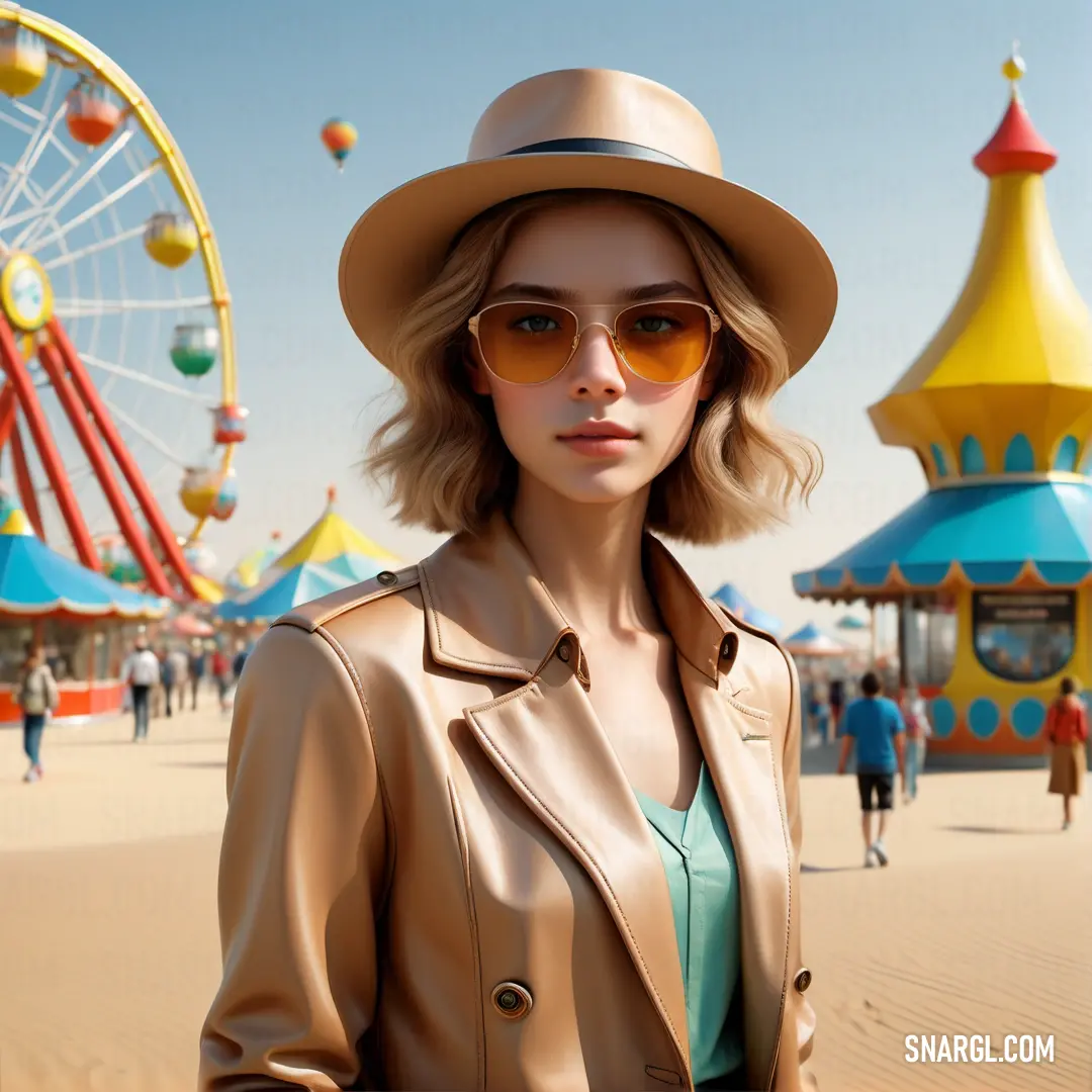 Woman wearing a hat and sunglasses in front of a carnival park with ferris wheel in the background