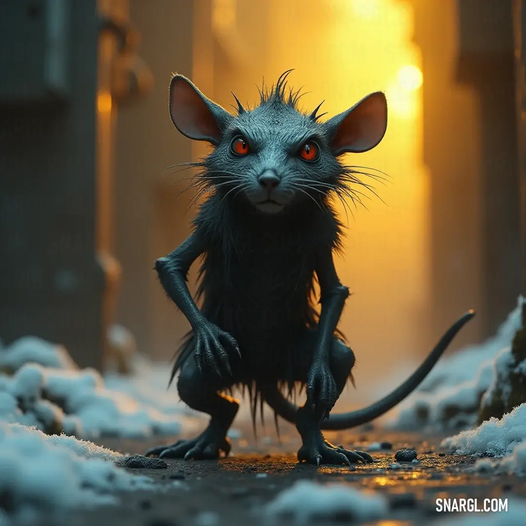 A determined Tretch Craventail stands amidst a snowy landscape, its fur dusted with frost, embodying resilience and courage as it navigates the serene beauty of winter, with a dramatic sky capturing the essence of an adventure lost in time.