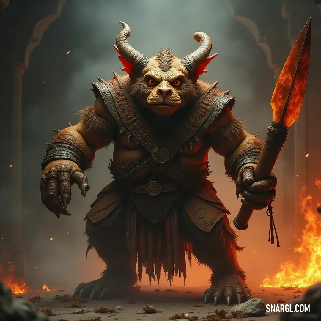 Fierce warrior Trikgar wielding a sword in a smoky chamber illuminated by dancing flames. A fierce warrior known as Trikgar stands in a shadowy chamber, brandishing a gleaming sword. The ominous glow of flames flickers behind him, creating an aura of danger and intrigue amid swirling smoke that envelopes the scene.