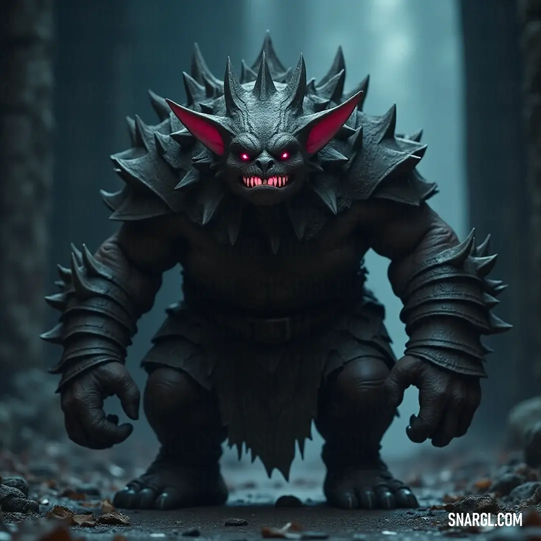 Demonic Trikgar with unsettling red eyes standing boldly in a mysterious forest. Demonic Trikgar looms large in a lush, eerie forest, his piercing red eyes radiating an unsettling energy. Clad in a striking black outfit, he commands attention as the fallen leaves and scattered rocks hint at a mystique surrounding him.